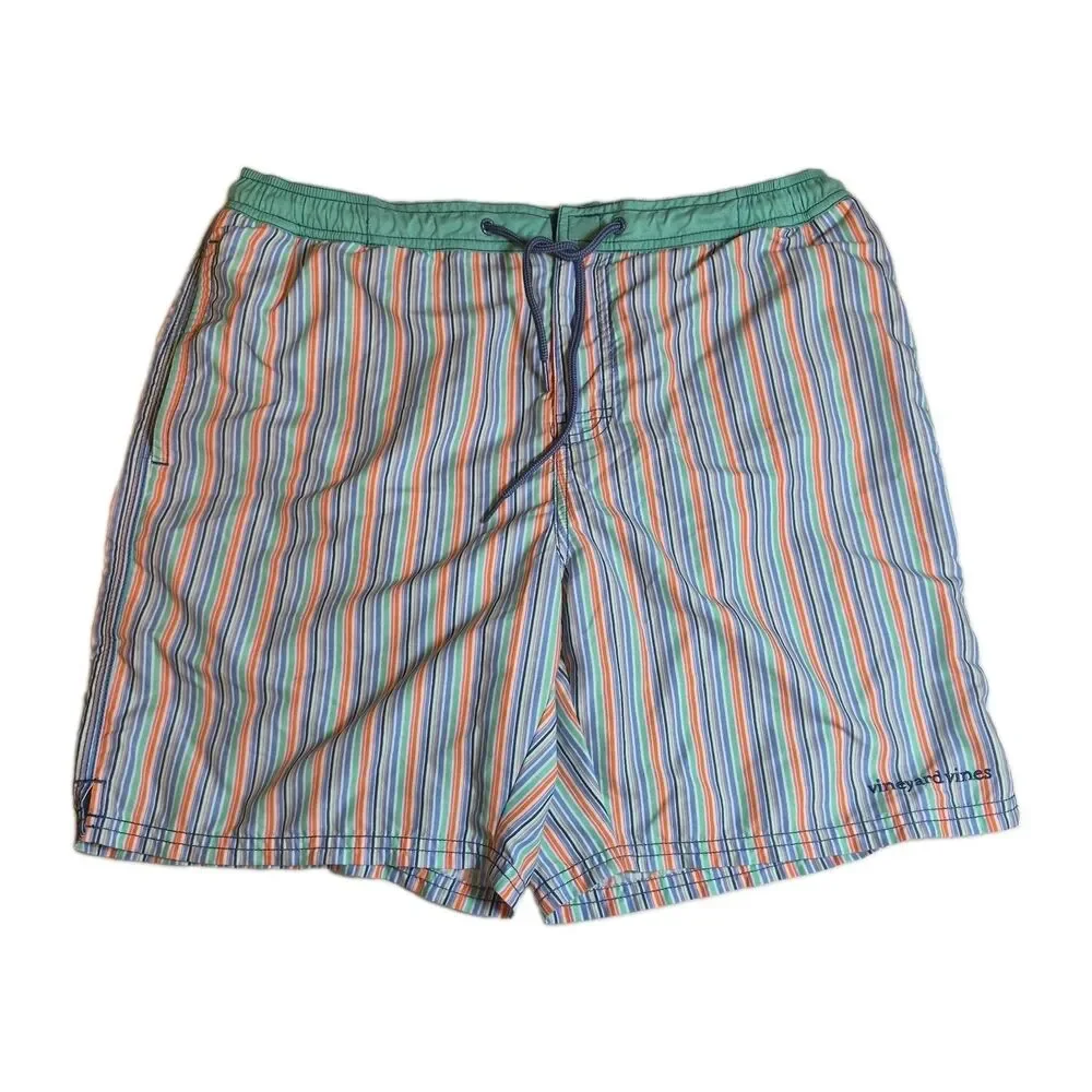 Vineyard Vines Men's Swim Trunks Size M Striped Pockets Zip Hook&Loop Drawstring